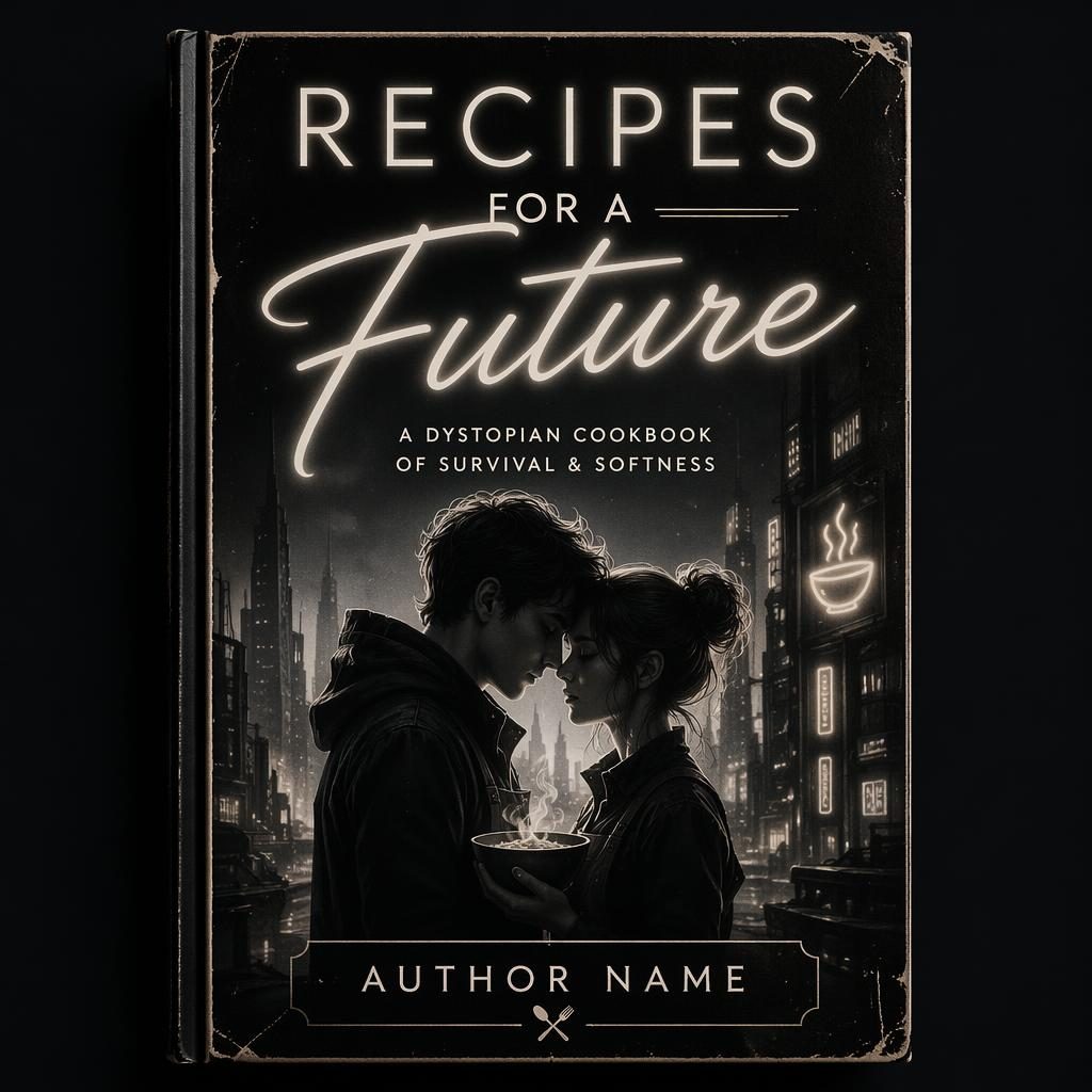 Print-ready 5:8 book cover with neon YA dystopian styling, vintage retro layout, soft romantic mood, monochrome contrast.