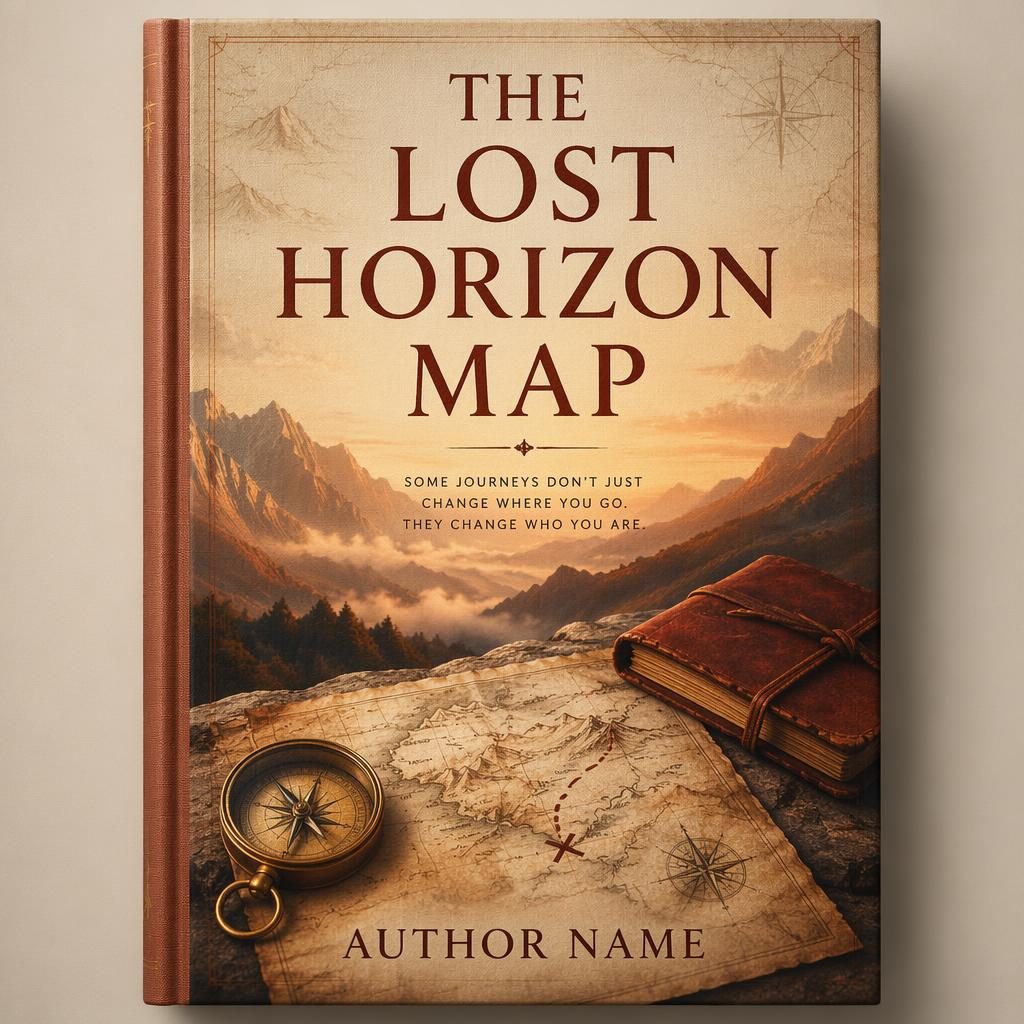 Photographic middle grade book cover with an atmospheric adventure map, warm cream and rust tones, and clean title placeholder text.