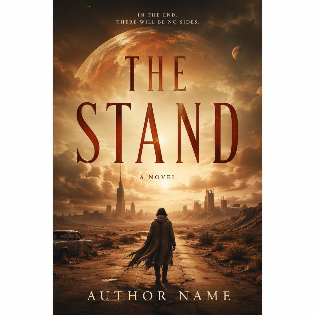Photographic sci-fi fantasy book cover with a lone figure, vast space sky, warm cream and rust tones, and clean title text