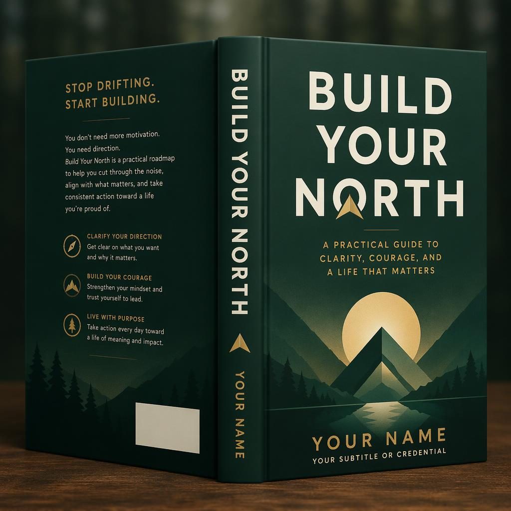 5:8 portrait self-help book cover dust jacket mockup with bold geometric shapes, deep forest green palette, and clean placeholder text
