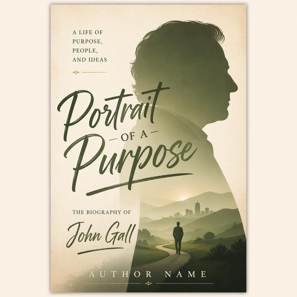 Business biography book cover with shadowed portrait, hand-lettered title, sage and parchment palette, warm cozy mood.
