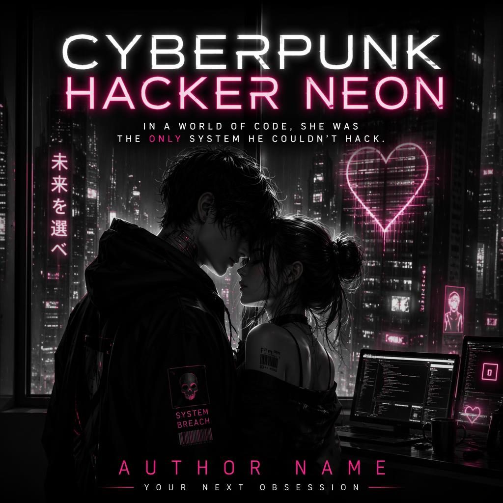Cyberpunk hacker neon book cover in monochrome, soft romantic mood, retro sci-fi style, with clean title placeholders