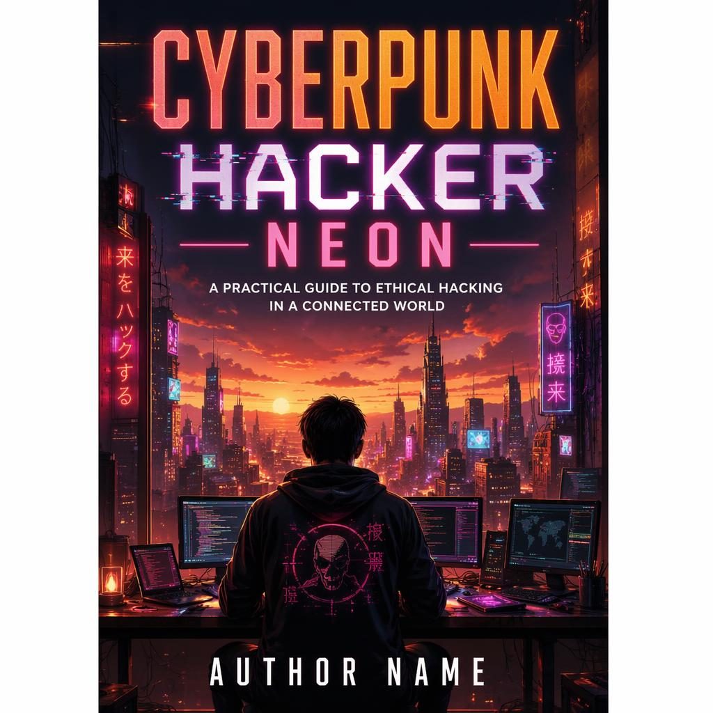 Painterly cyberpunk hacker book cover with neon city glow, warm sunset palette, and clean title-author placeholder text.