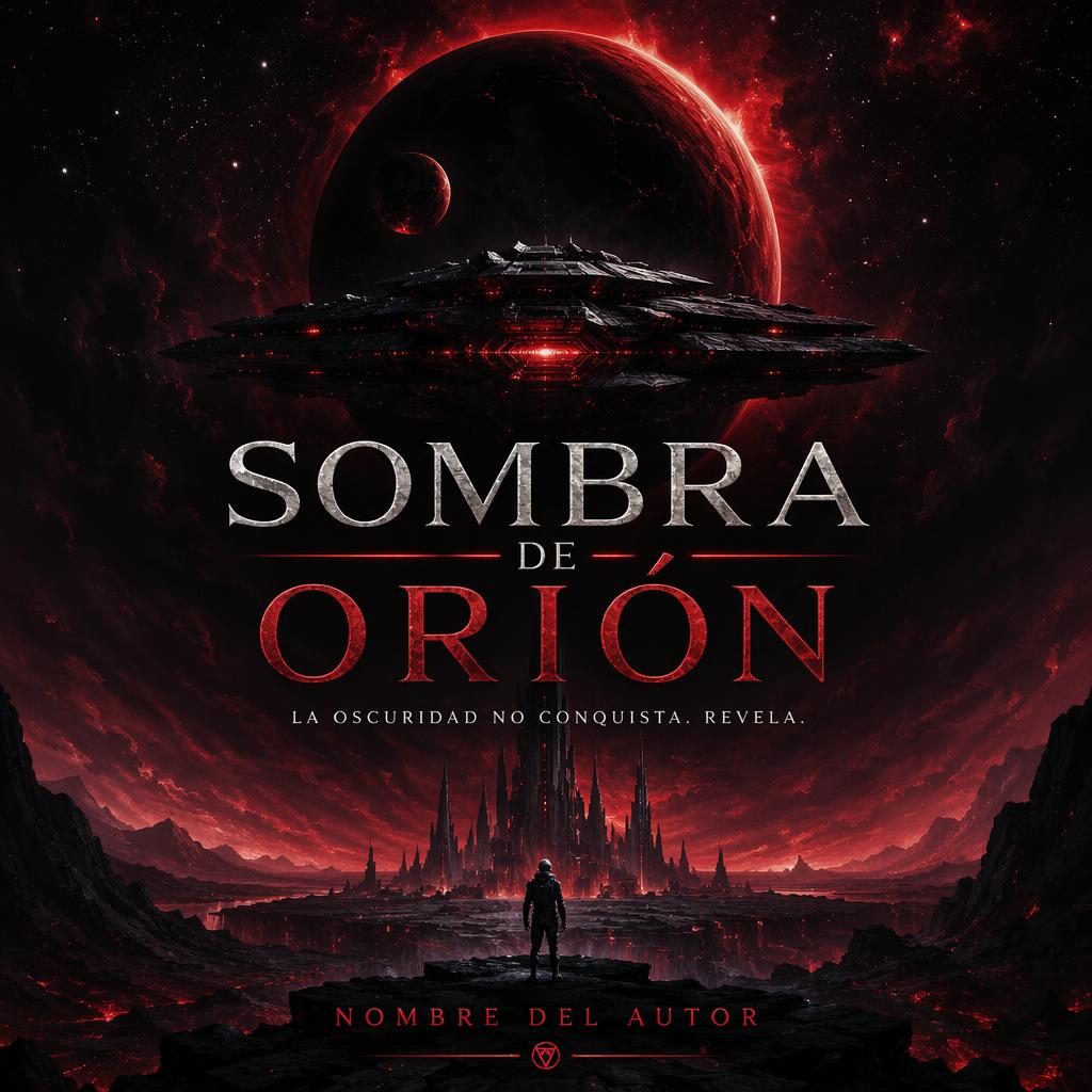 Cubierta de libro sci‑fi con nave y espacio oscuro, ilustración en negro y rojo, diseño vertical con texto de título y autor.