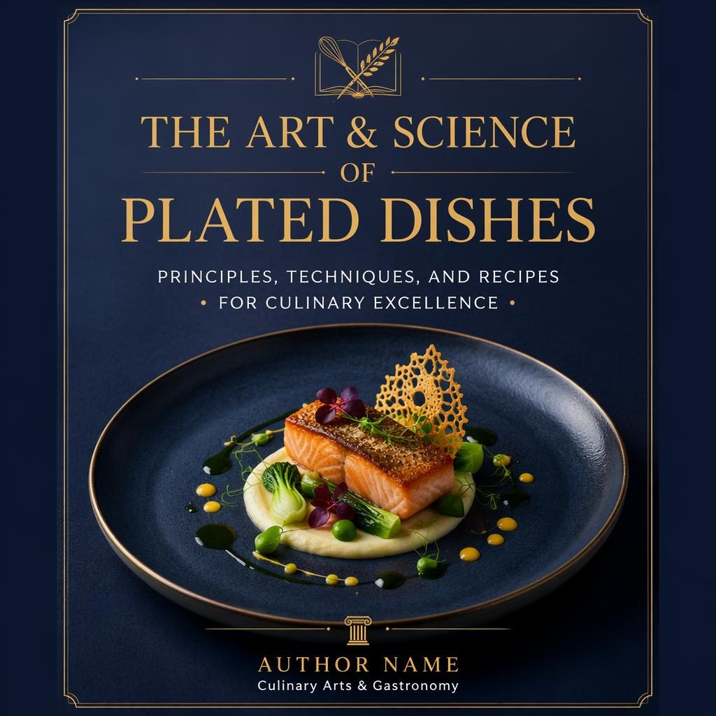 Minimalist academic cookbook cover with plated dish hero, muted navy and gold, clean title and author placeholders.