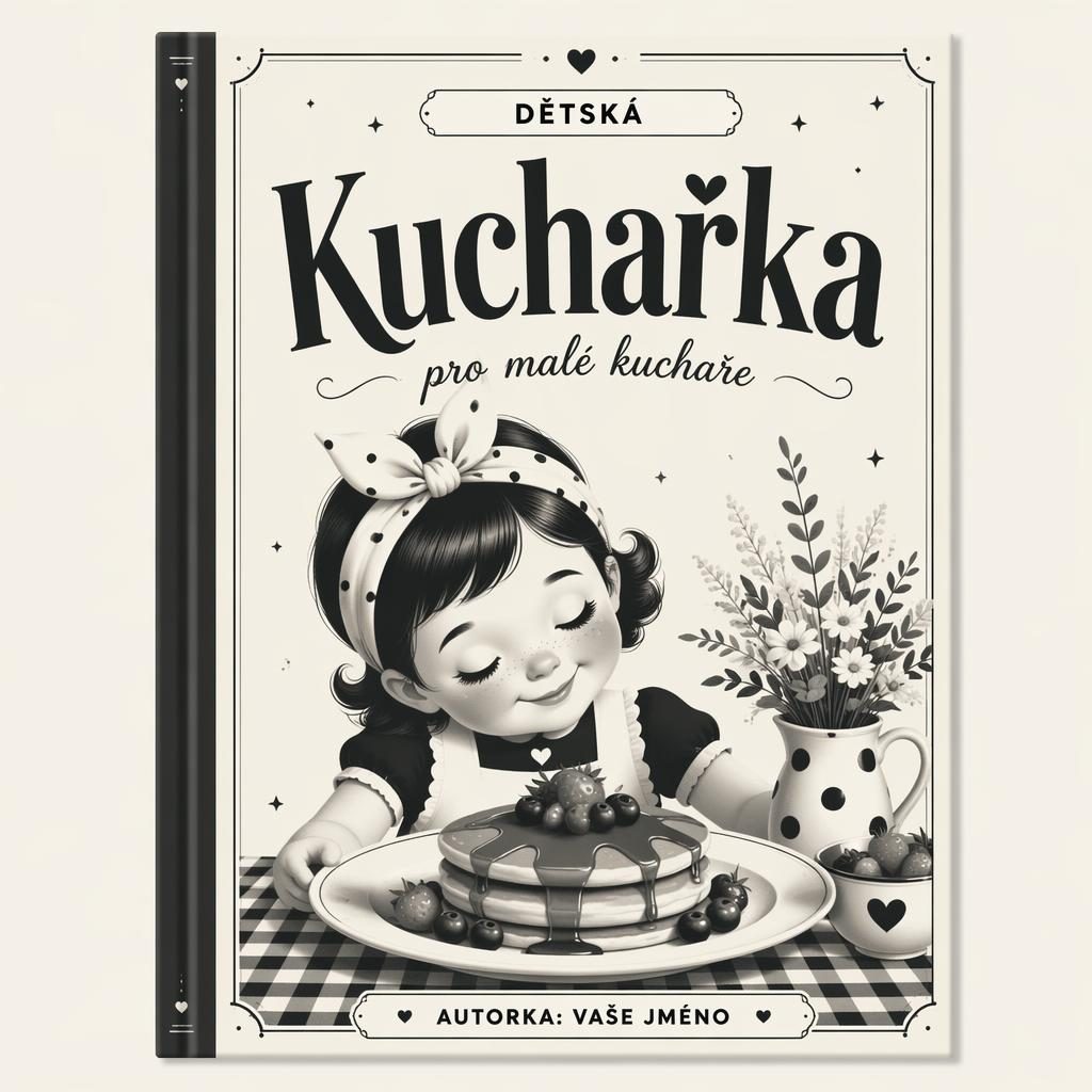 Retro knižní obálka v černobílém kontrastu s naservírovaným pokrmem, jemnou romantickou náladou a zástupným textem.