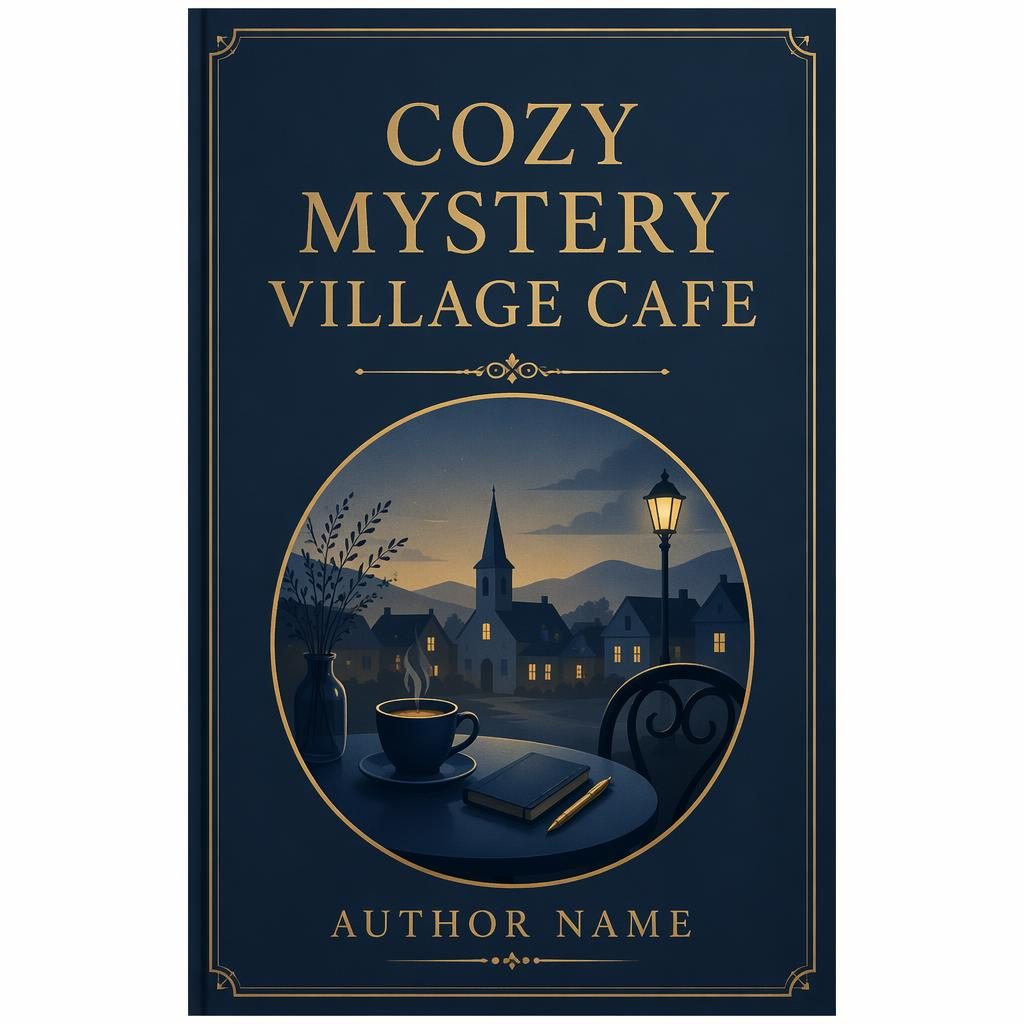 Minimalist 5:8 book cover in muted navy and gold for cozy mystery village cafe, with clean title and author placeholders.