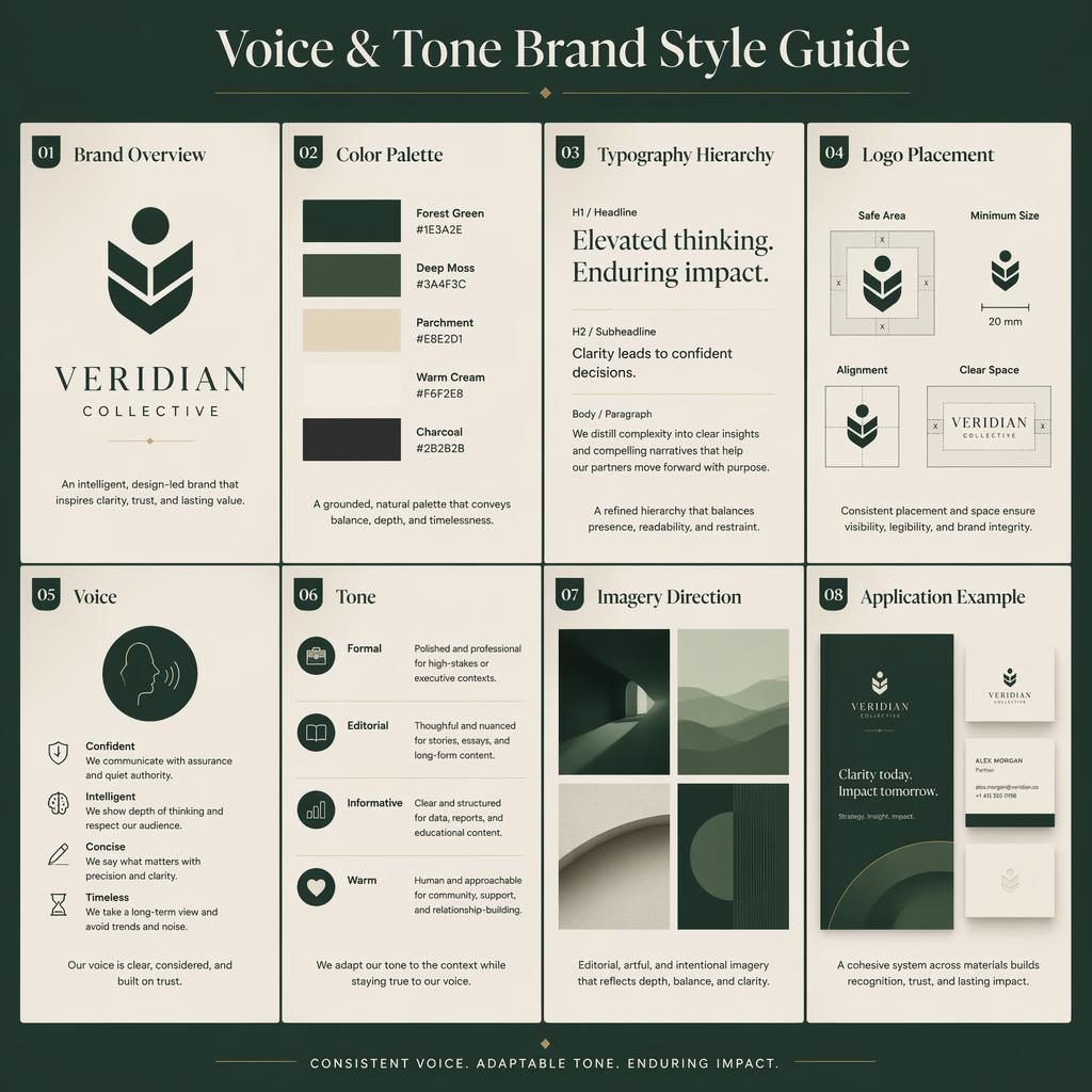 Editorial grid infographic with 8 brand style guide cards in forest and parchment tones, icons, typography, palette, voice and tone.