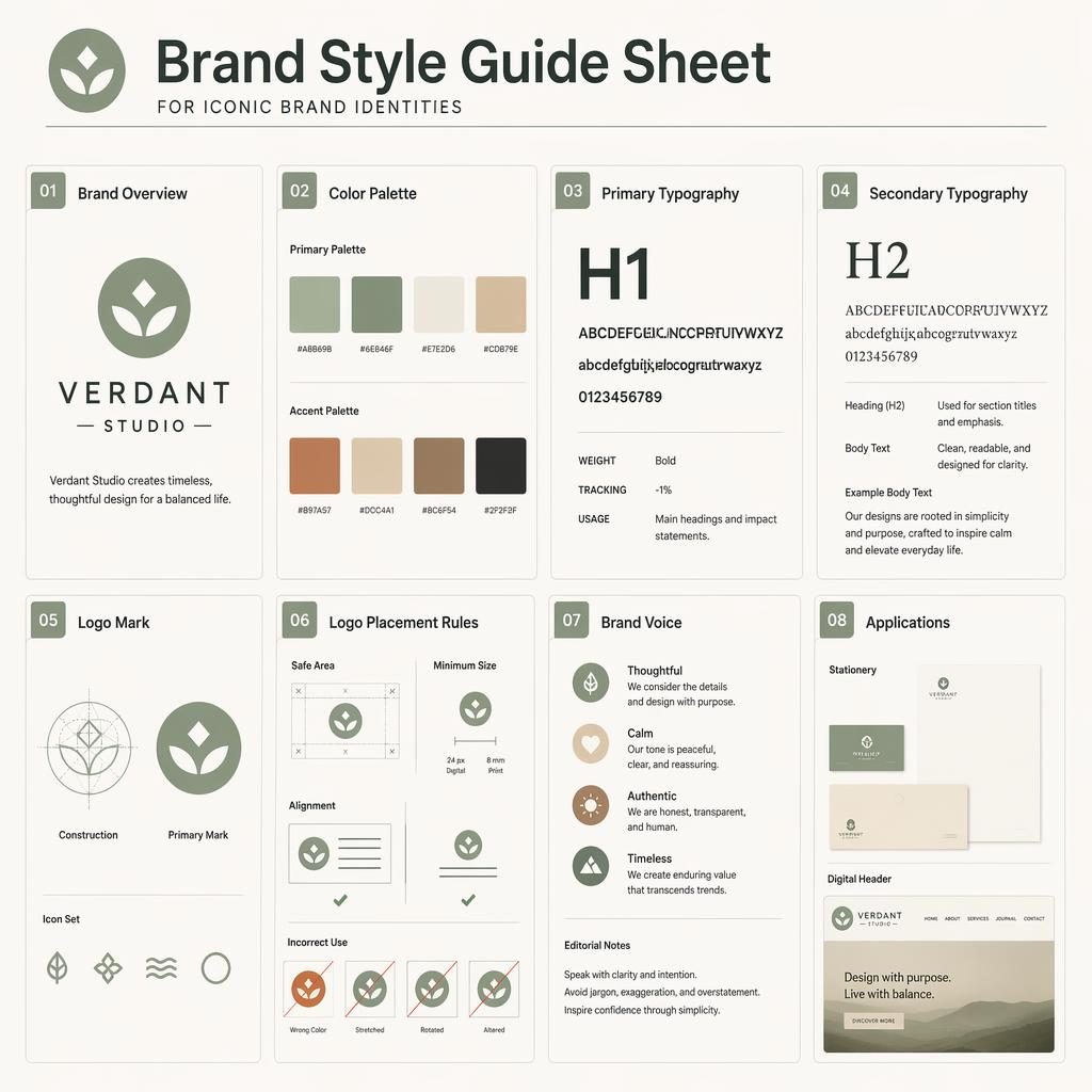Minimal Swiss-style infographic with 8 brand guide cards, sage and earth palette, typography, logo rules, voice, and applications.