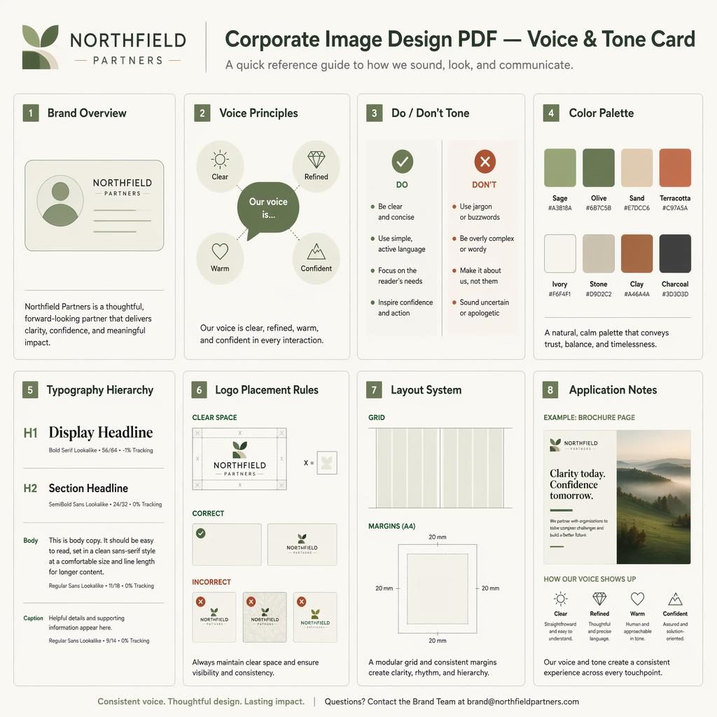 Infografía en cuadrícula suiza con 8 tarjetas sobre voz y tono, paleta sage y tierra, iconos, diagramas y reglas de marca.