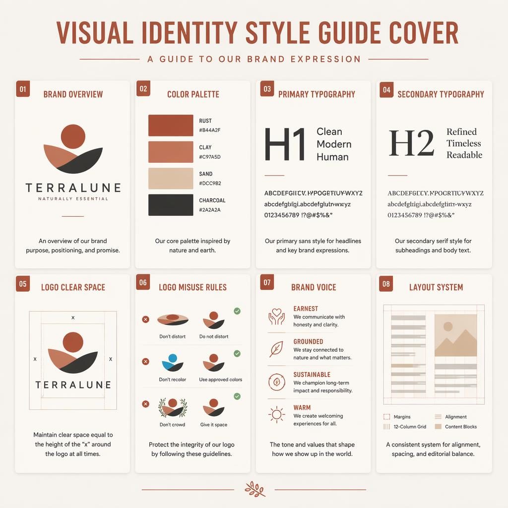 Infografía en cuadrícula con 8 tarjetas de guía de identidad visual, paleta rust y clay, tipografía, logo y sistema layout.