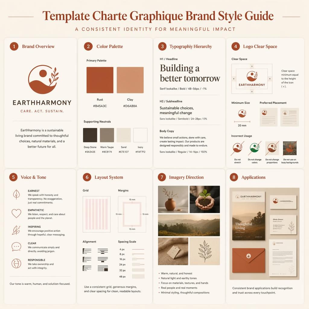 Infographie en grille de 8 cartes uniformes sur un template charte graphique, palette rouille et argile, style éditorial épuré.