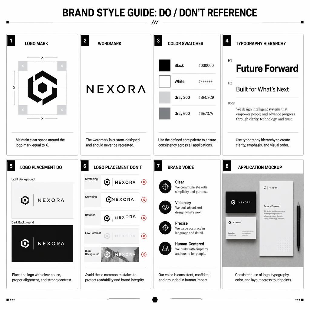 Editorial infographic grid with 8 monochrome brand guide cards showing logo, wordmark, colors, typography, do and don't rules.