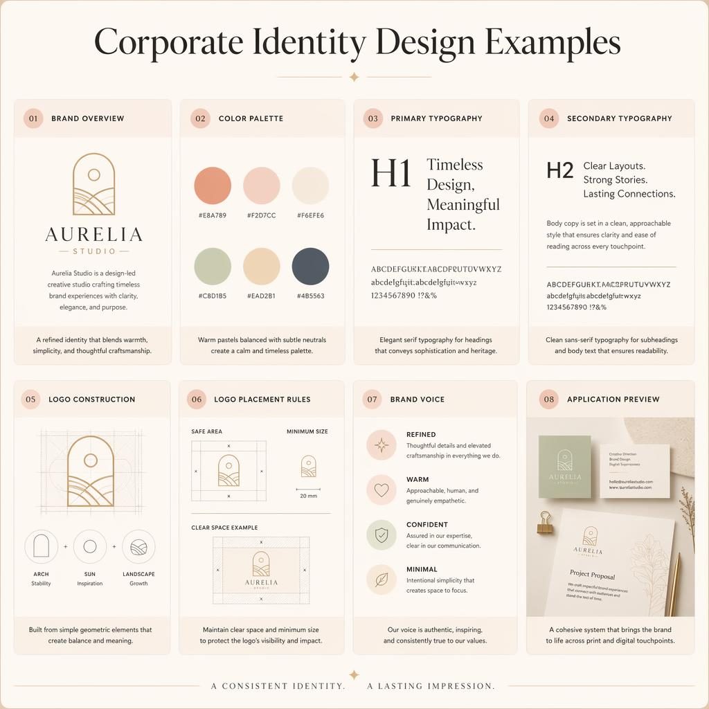 Infografía en cuadrícula con 8 tarjetas de guía de marca: logo, paleta pastel, tipografías, reglas y mockup.