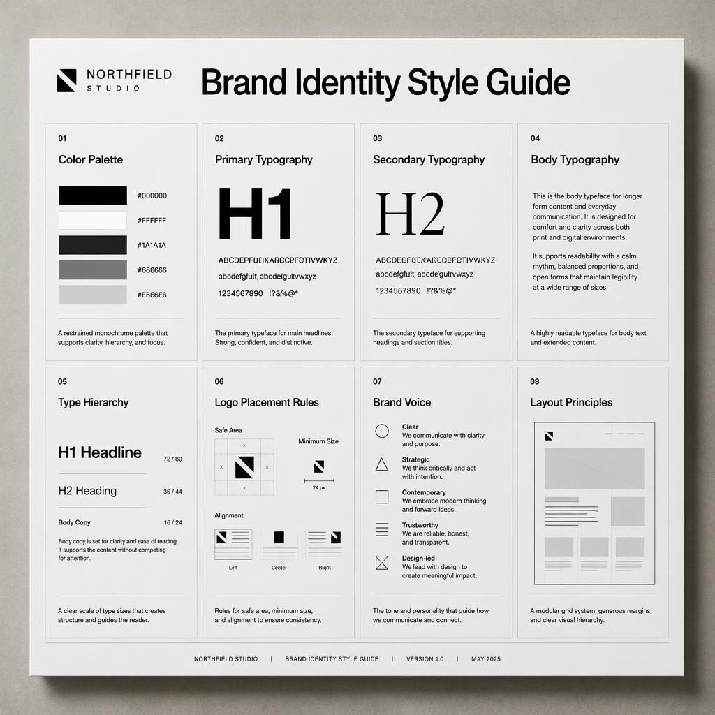 Infografik med 8 kort i rutnät för brand identity style guide, typografi, färgpalett, logoregler och layoutprinciper.