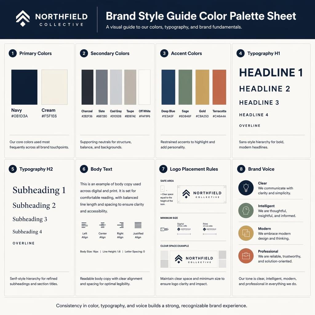 Editorial infographic with 8 brand style guide cards showing color palettes, typography, logo rules, and brand voice.