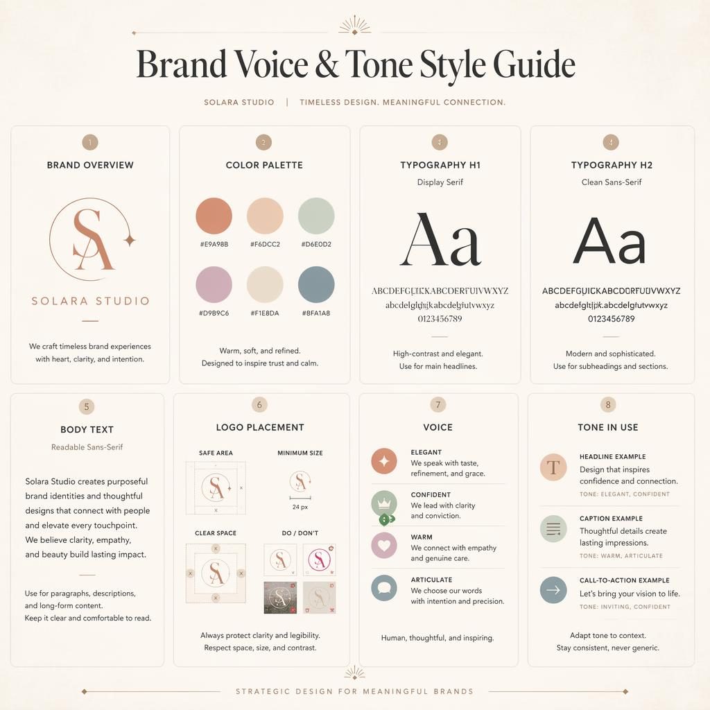 Infografía en cuadrícula con 8 tarjetas de guía de voz y tono de marca, paleta pastel cálida, tipografía y diagramas.