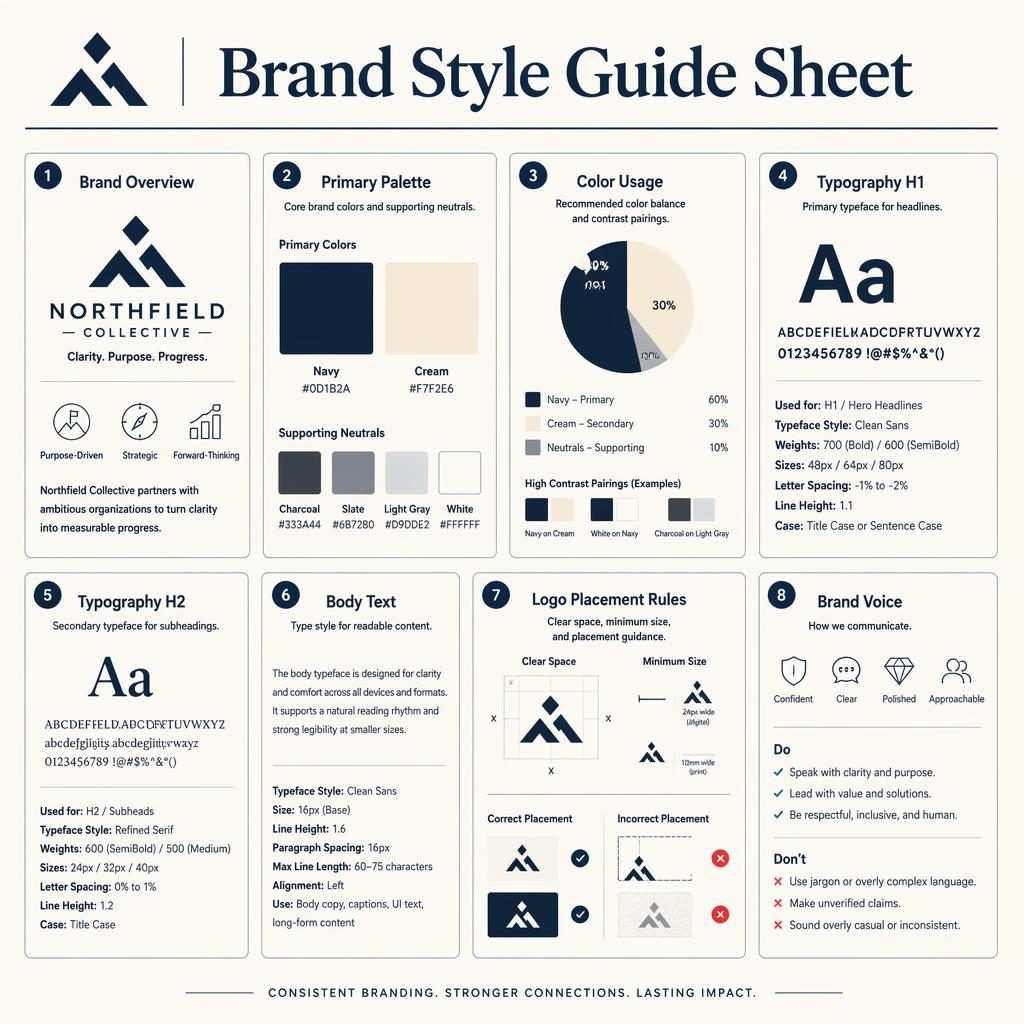 Editorial one-page brand style guide sheet with 8 navy and cream cards for palette, typography, logo rules, and voice.