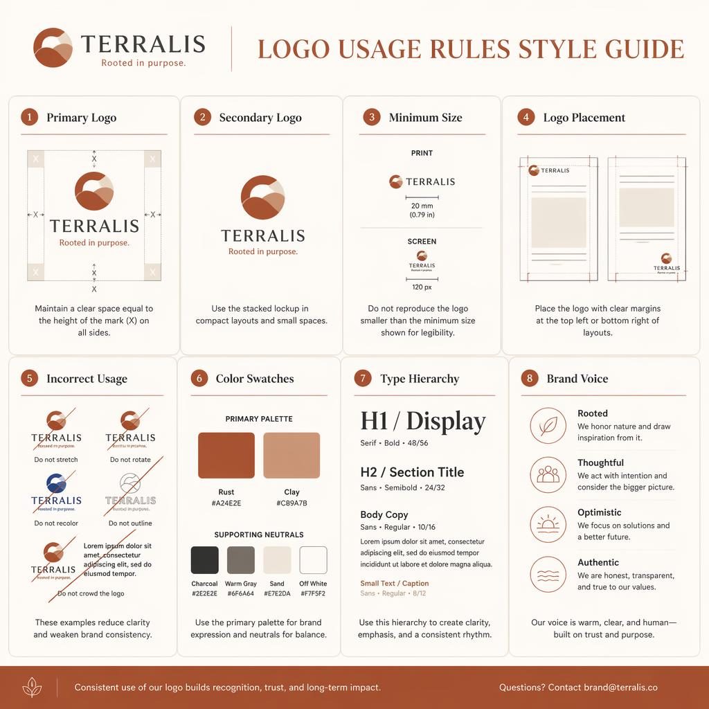 Editorial infographic grid of 8 brand guide cards with logo rules, color swatches, type hierarchy, and voice notes.