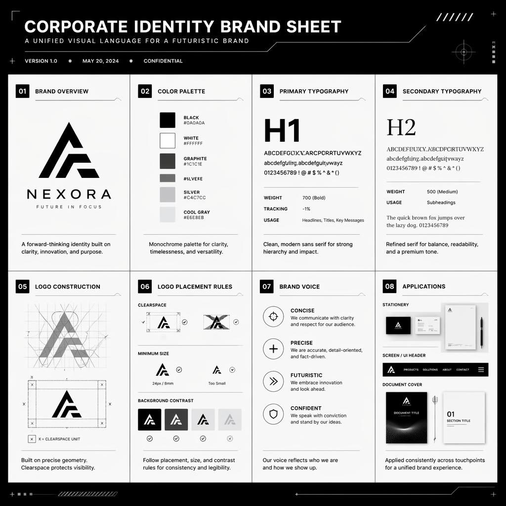 Infografía en cuadrícula con 8 tarjetas monocromas de guía de marca, tipografías, paleta, logo, voz y aplicaciones.