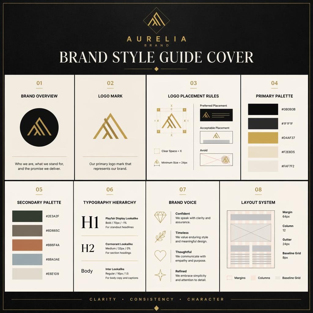 Editorial 8-card brand style guide grid in black and gold with logo rules, palettes, typography, brand voice, and layout.