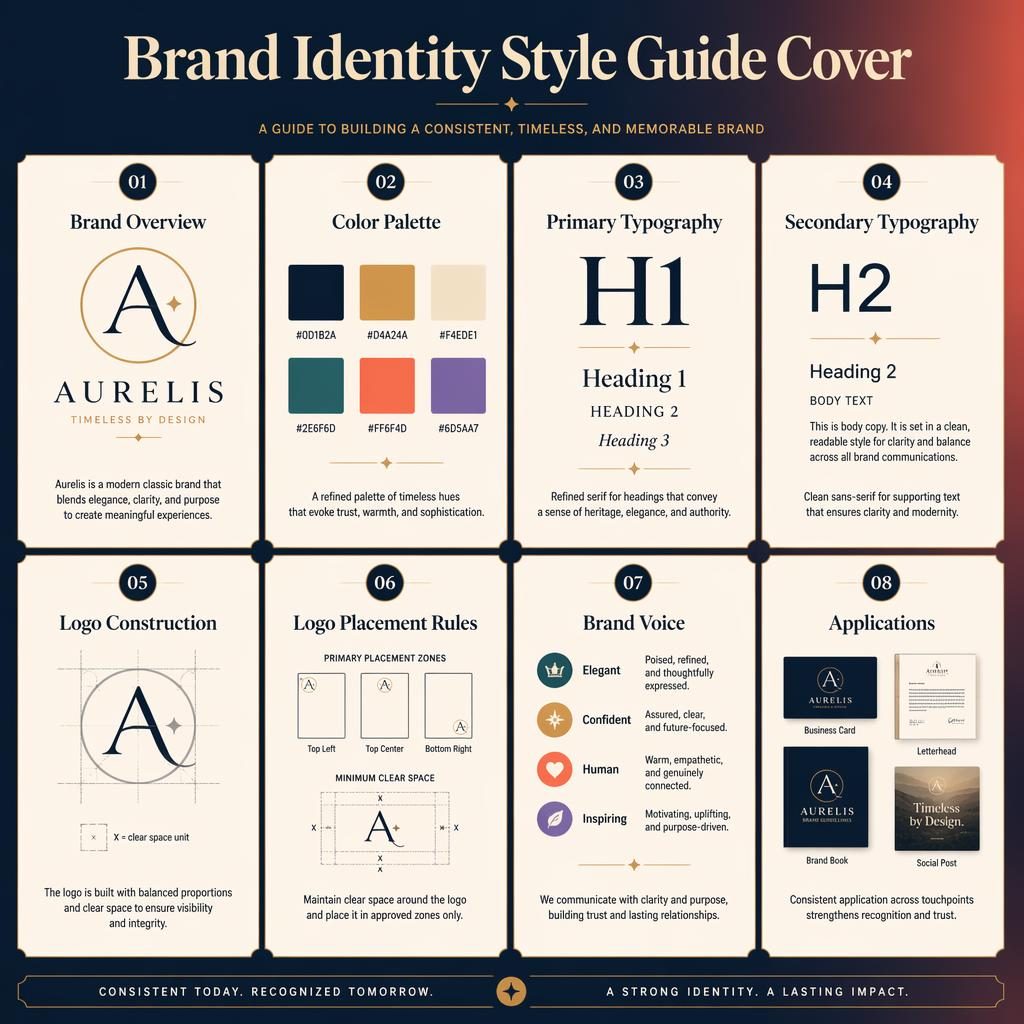 Editorial grid infographic with 8 brand identity style guide cards, icons, typography, color swatches, logo rules, voice, and applications.