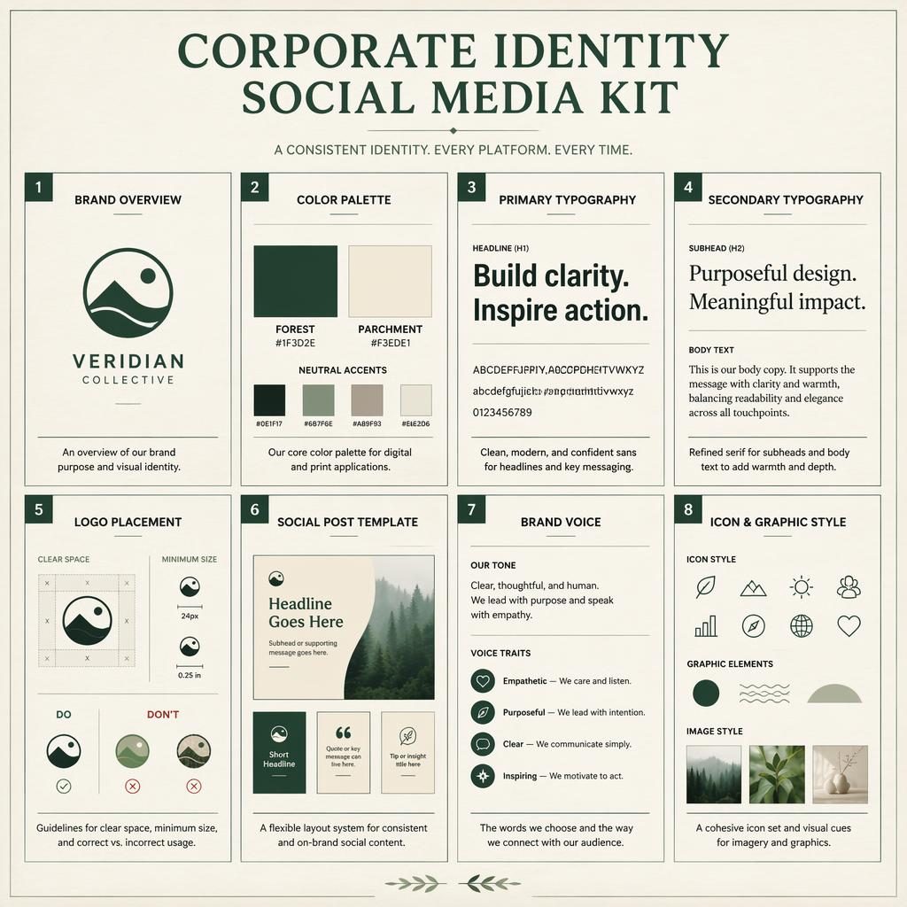 Cuadrícula editorial con 8 tarjetas sobre identidad de marca, en verde bosque y pergamino, con iconos y textos en inglés.