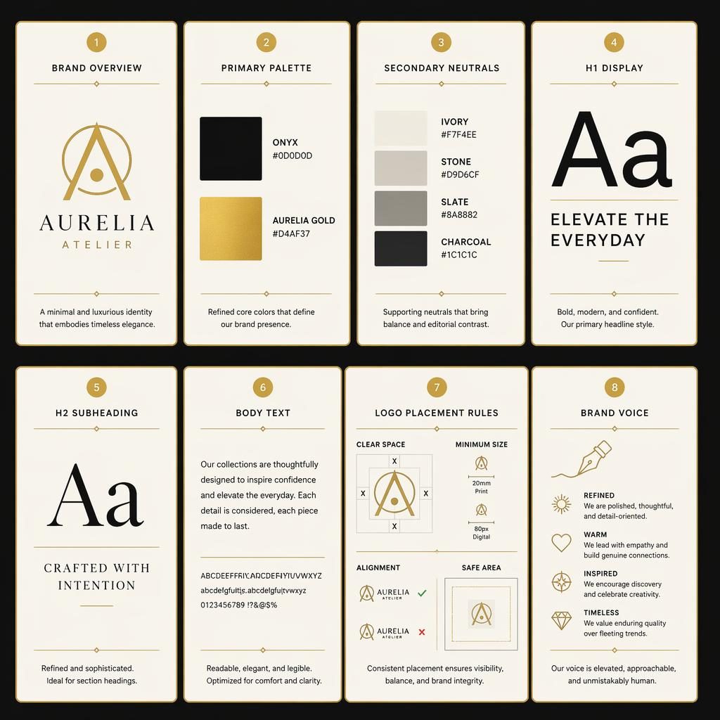 Luxury 8-card brand style guide grid with black and gold palette, typography hierarchy, swatches, logo rules, and voice notes.