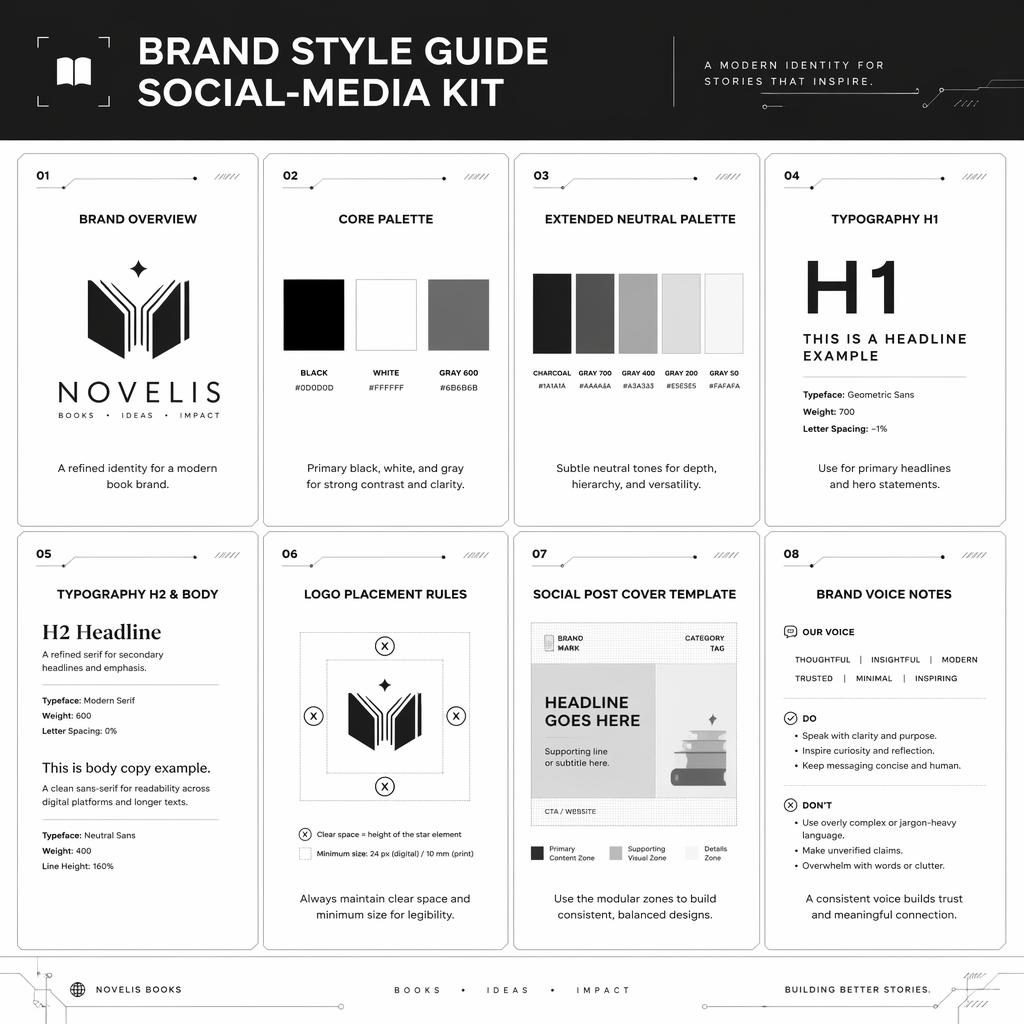 Monochrome infographic with 8 editorial cards showing a book brand style guide, palettes, typography, logo rules, template, and voice notes.