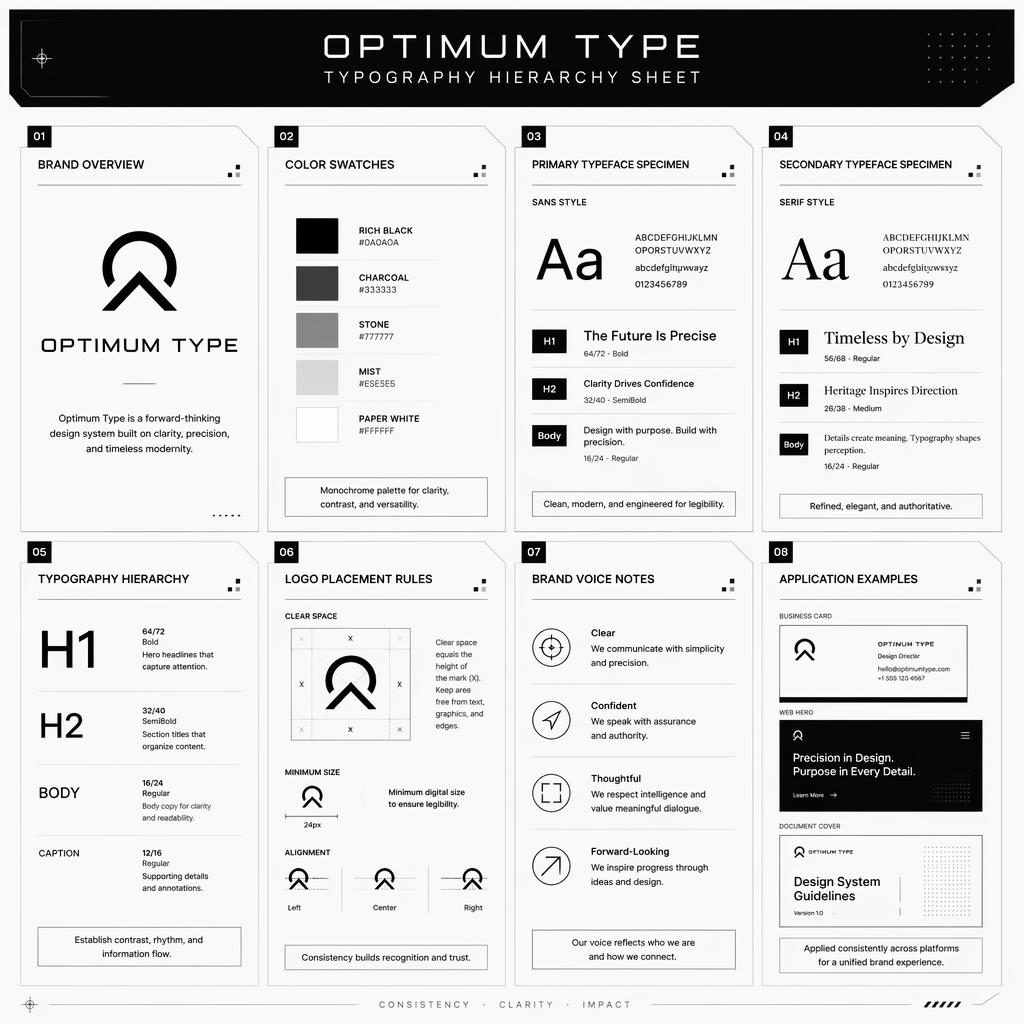 Monochrome card grid infographic with 8 brand guide cards for typography, logo rules, color swatches, voice, and examples.
