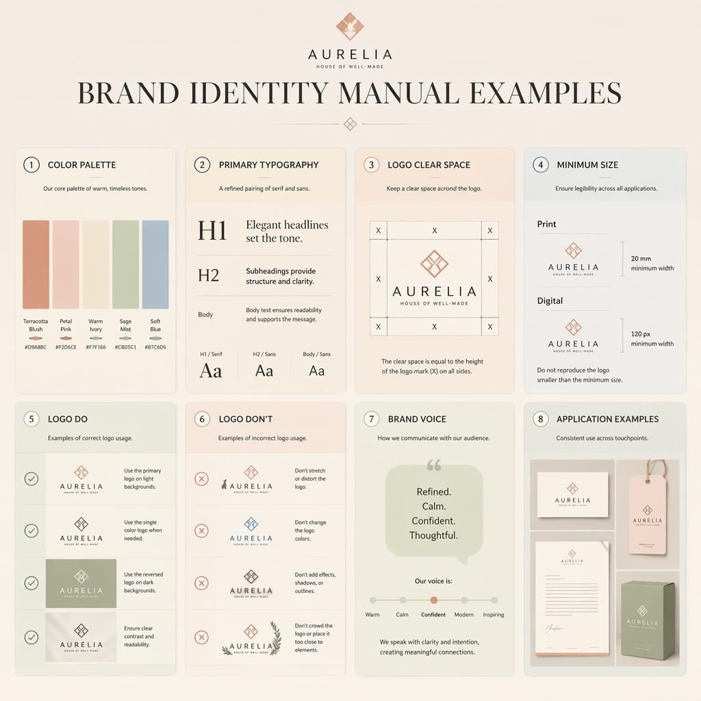 Editorial infographic with 8 pastel cards showing color palette, typography, logo rules, brand voice, and applications.