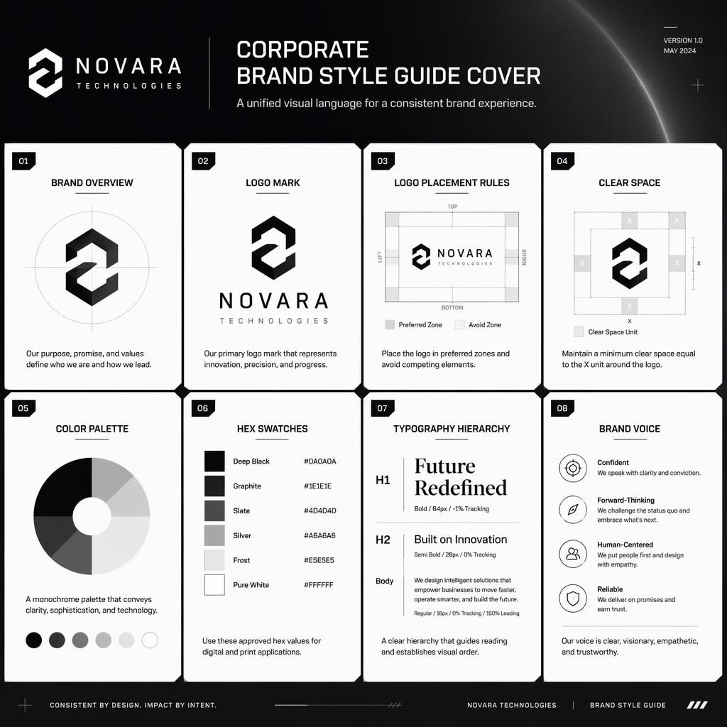 Infografía en cuadrícula con 8 tarjetas de guía de marca corporativa, iconos, paleta monocroma, tipografía y diagramas.
