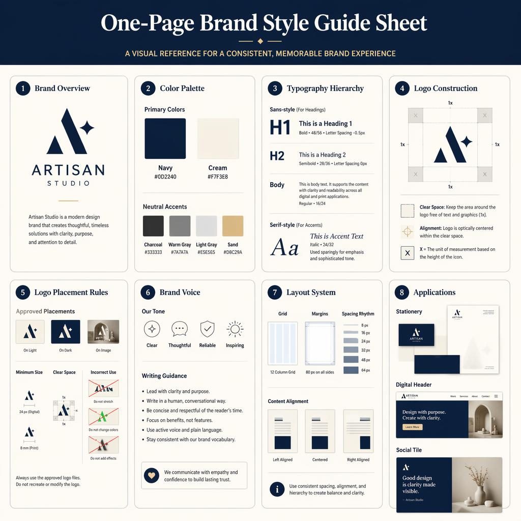 Infographie en grille de 8 cartes sur fond crème et bleu marine présentant un guide de style de marque éditorial.