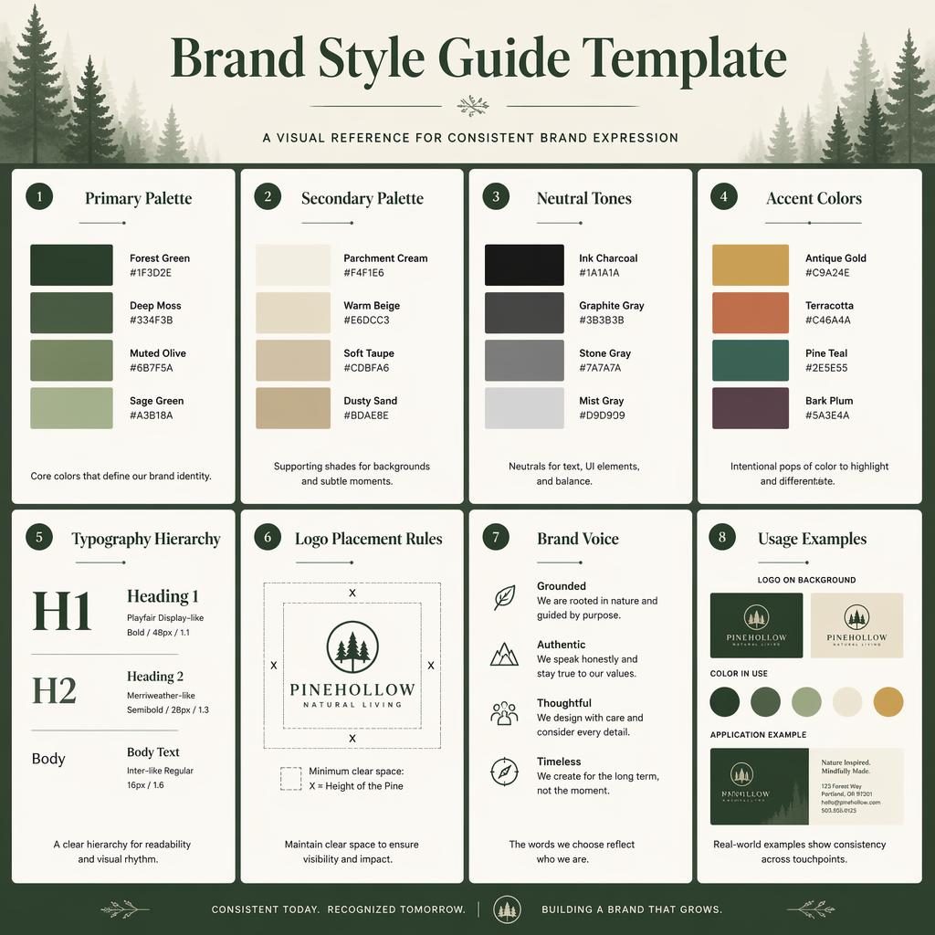 Editorial brand style guide template infographic with 8 cards, forest and parchment palette, typography, logo rules, voice.