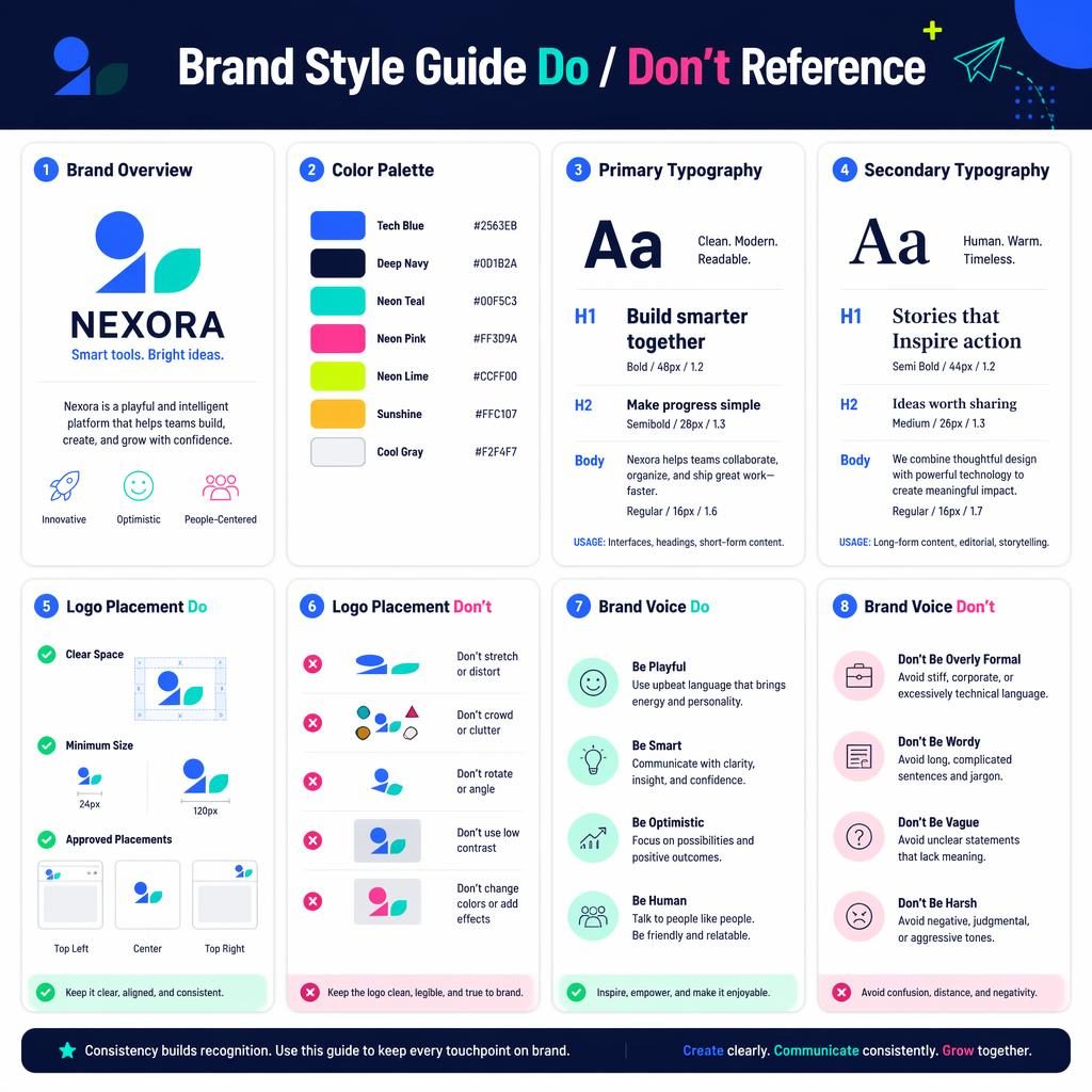 Editorial infographic grid with 8 brand style guide cards on color, typography, logo placement, and brand voice do/don't.