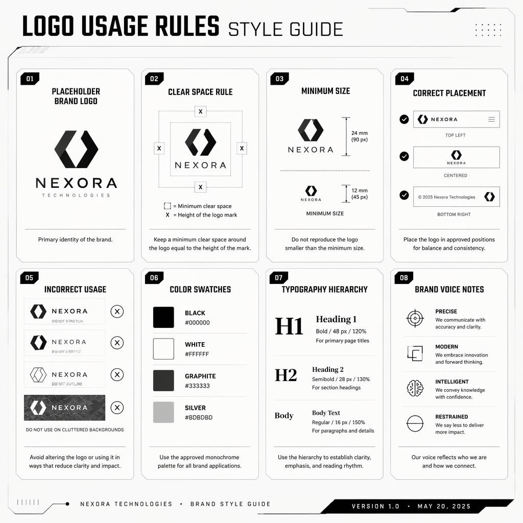 Infografía en cuadrícula con 8 tarjetas sobre reglas de uso de logo, en estilo monocromo futurista y diagramas limpios.