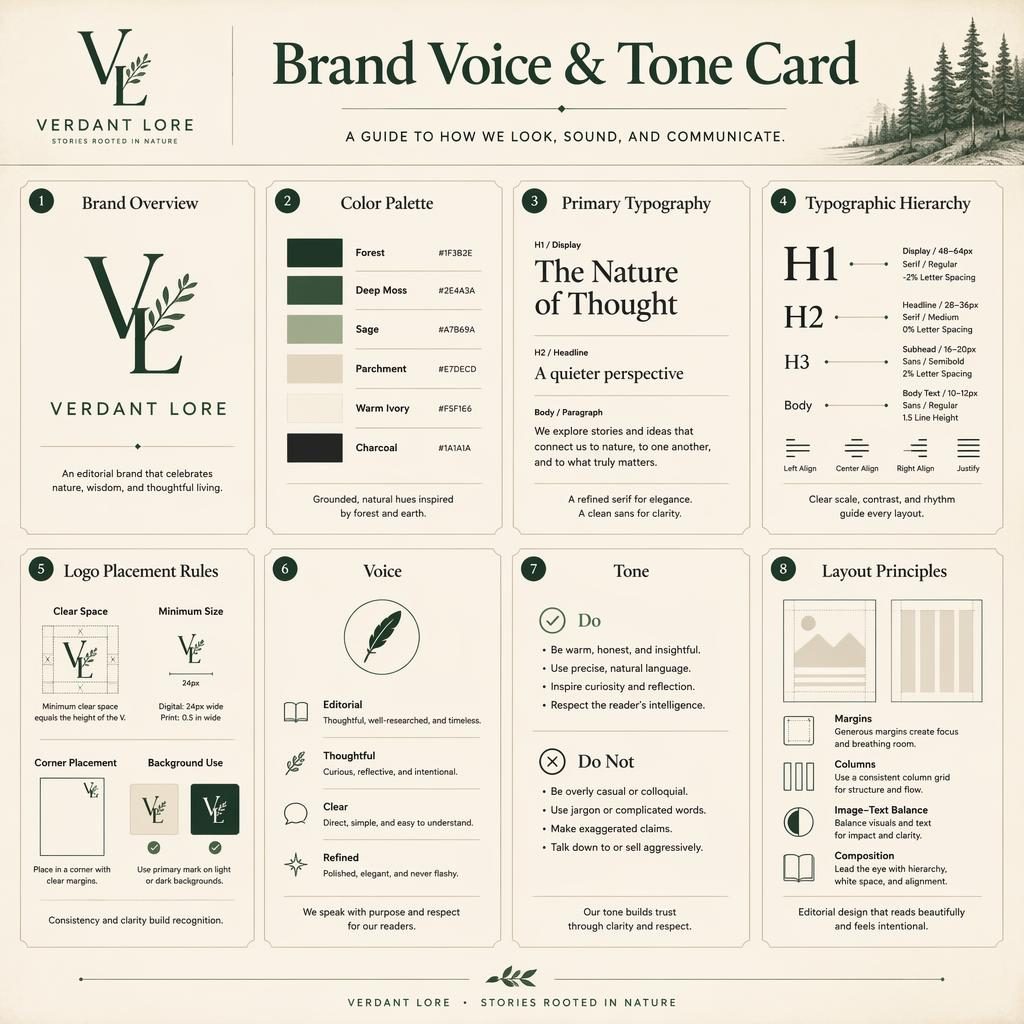 Editorial brand sheet with 8 cards on parchment background, showing voice, tone, typography, colors, logo rules, and layout.