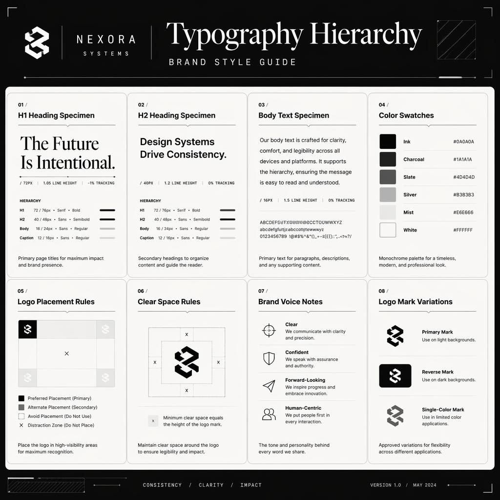 Monochromes Infografik-Grid mit 8 Karten zu Typografie-Hierarchie, Farbmustern, Logo-Regeln und Brand-Voice im Editorial-Stil.