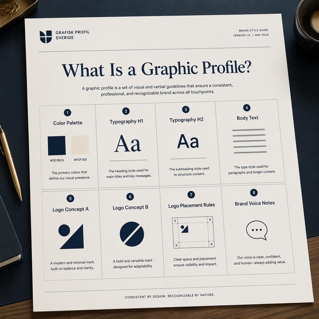 Infografik med 8 kort i rutnät på skrivbord, med färgpalett, typografi, logotyper och regler i marinblått och kräm.