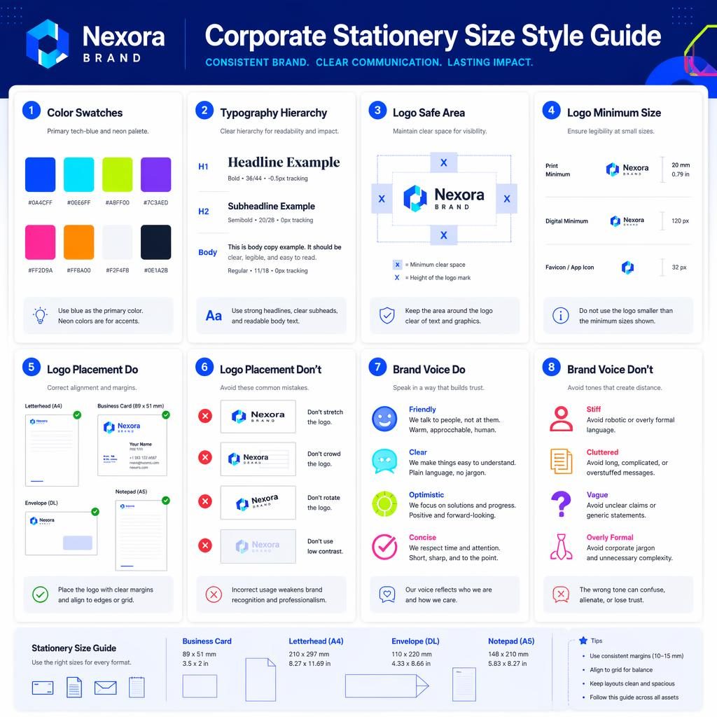 Infografía en cuadrícula con 8 tarjetas sobre medidas de papeleria corporativa, color, tipografía, logo y tono de marca.