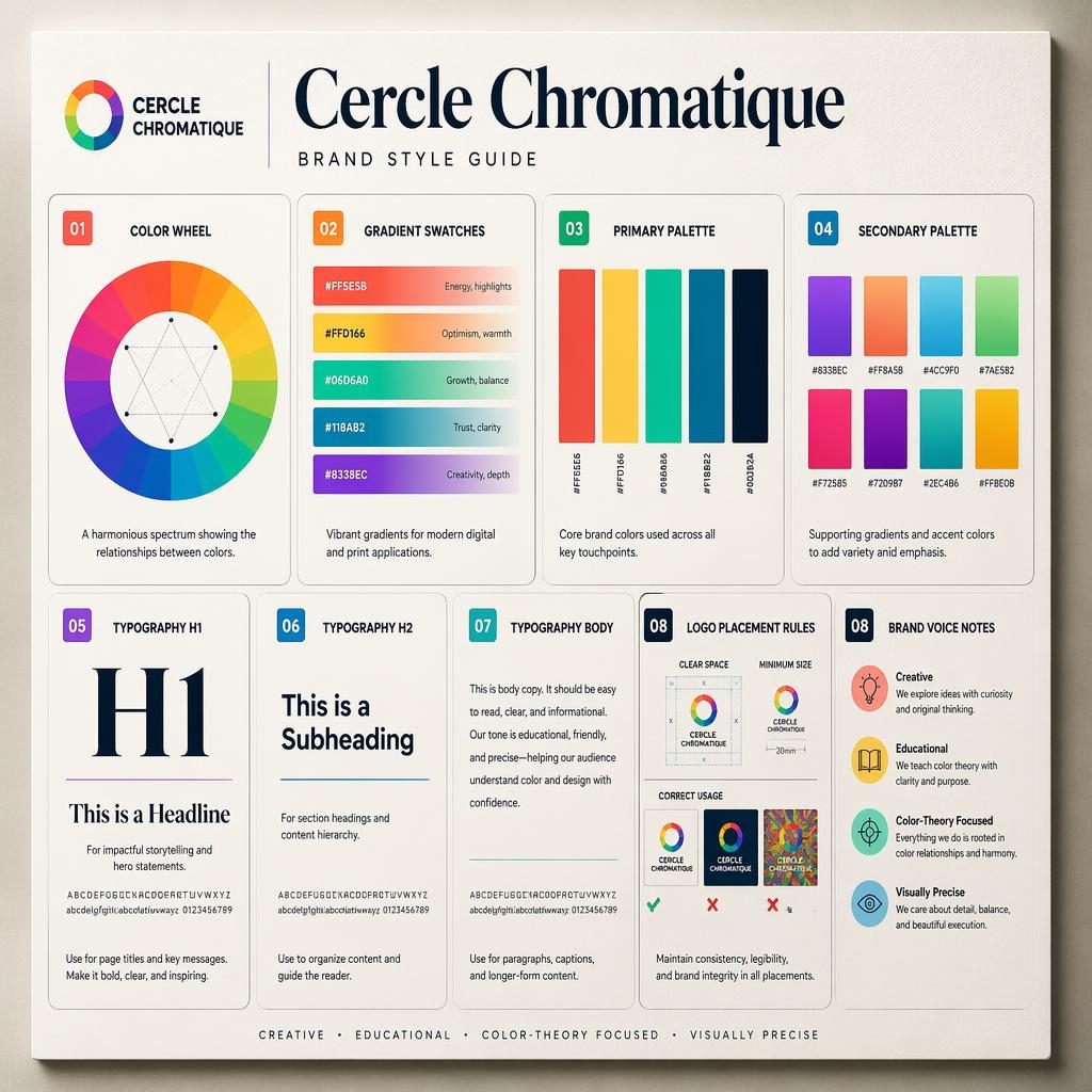 Infographie en grille de cartes montrant un guide de style cercle chromatique avec palettes, typographie et règles logo.