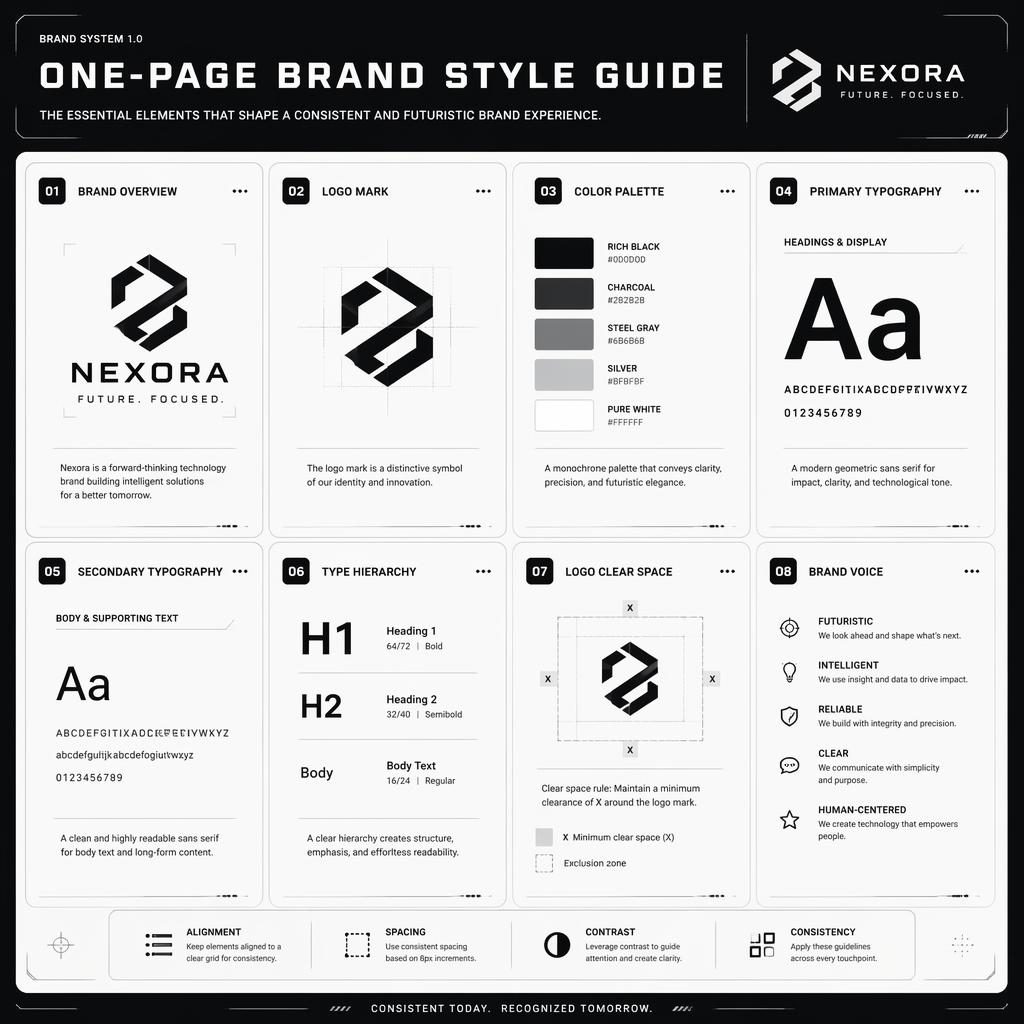 Infografía en cuadrícula con 8 tarjetas de guía de estilo de marca, diseño monocromo futurista e iconos técnicos.