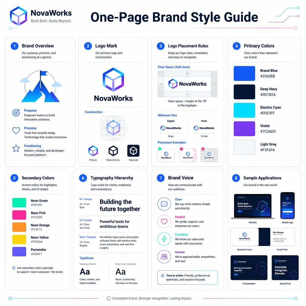 Editorial card-grid infographic of a one-page brand style guide with 8 cards, icons, color swatches, typography, and logo rules.