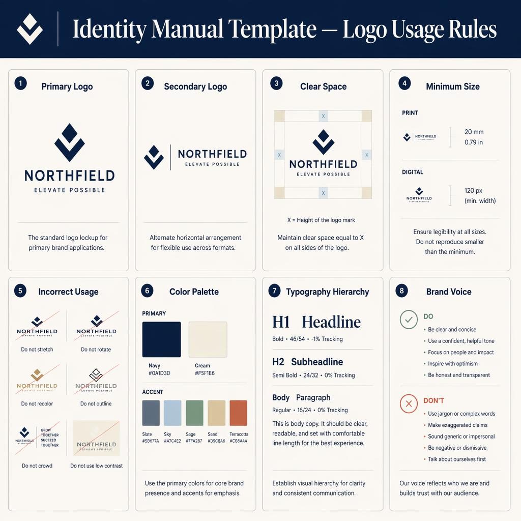 Editorial 8-card identity manual template infographic with logo rules, clear space, size, colors, typography, and brand voice.