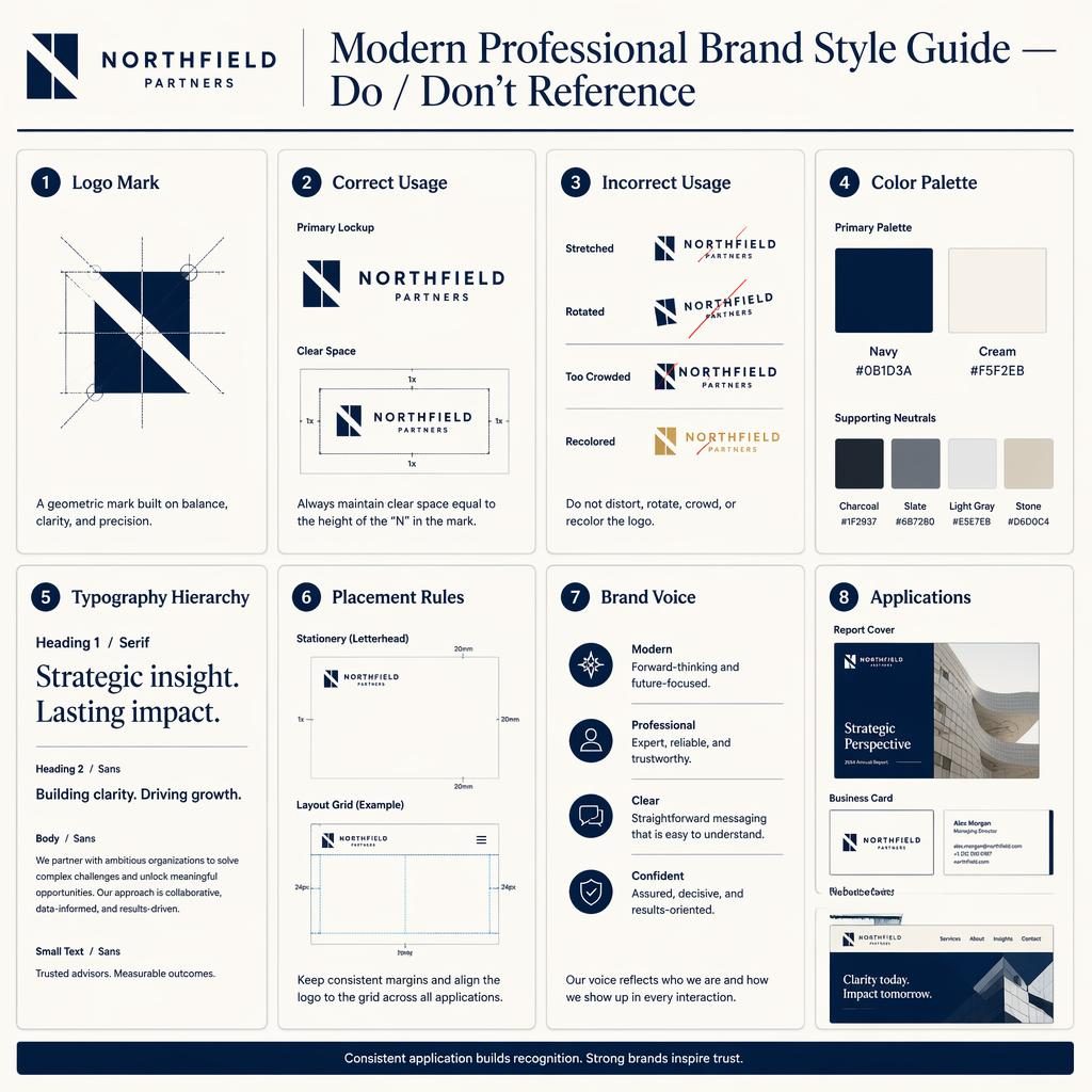 Editorial grid infographic with 8 navy and cream brand style guide cards showing logo, usage, colors, type, voice, placement.