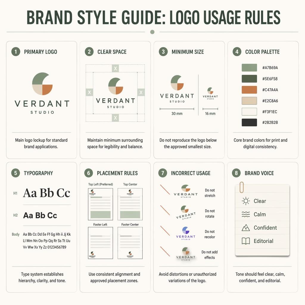 Infografía en cuadrícula con 8 tarjetas sobre reglas de uso de logo, paleta sage y tierra, iconos, diagramas y textos en inglés.