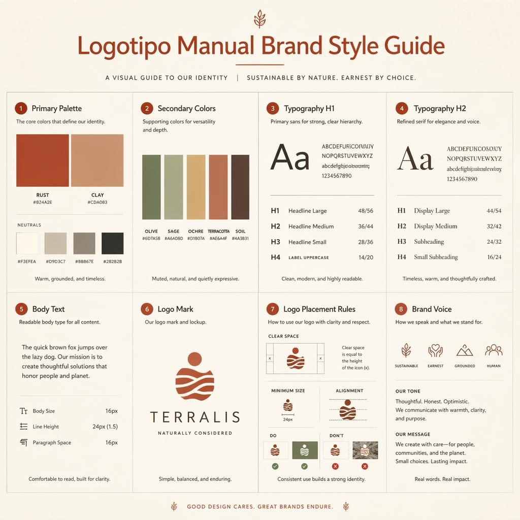 Infografía en cuadrícula con 8 tarjetas sobre logotipo manual, paleta, tipografía, marca, reglas de uso y voz.