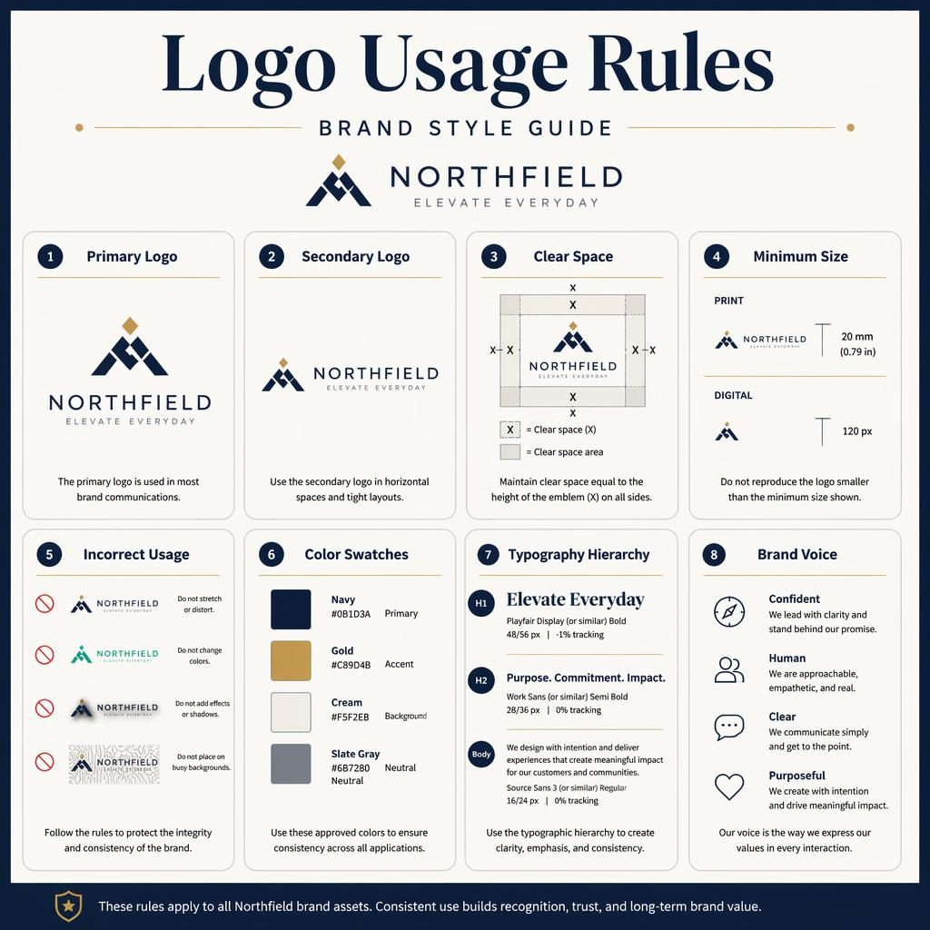Infografía editorial con 8 tarjetas sobre reglas de uso de logo, paleta azul marino y crema, iconos, tipografía y voz de marca.