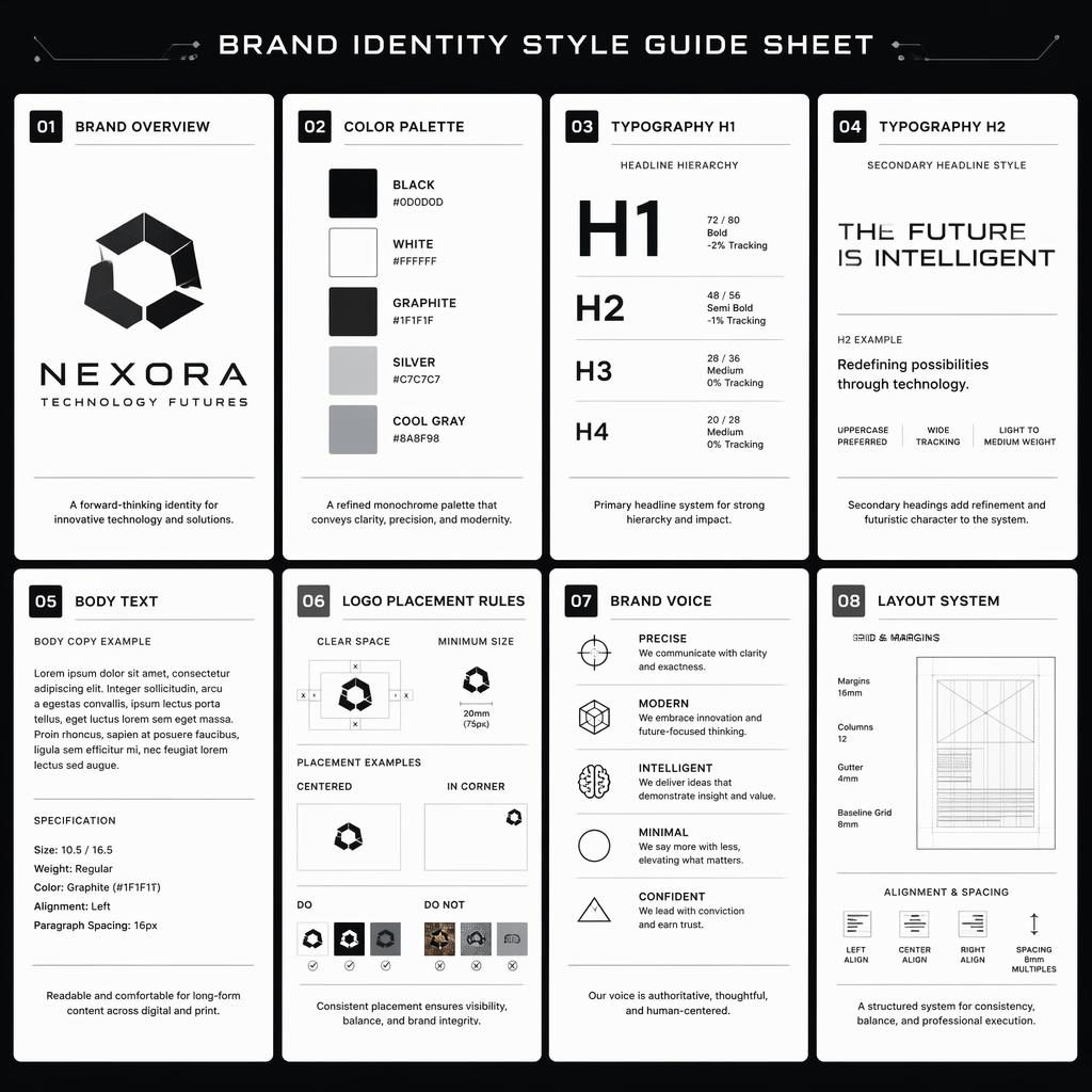 Monochrome brand identity style guide infographic with 8 cards for overview, palette, typography, logo rules, voice, and layout.