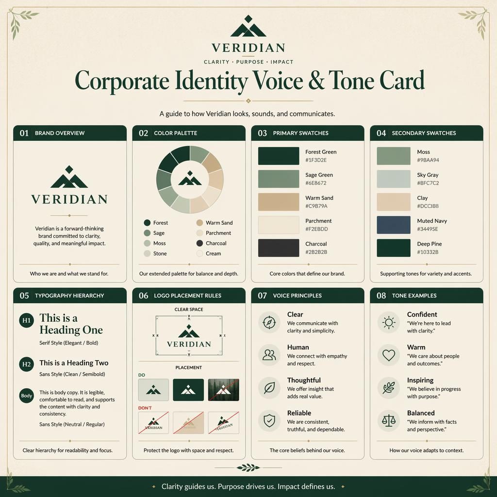 Infografía en cuadrícula con 8 tarjetas de identidad de marca, iconos, muestras de color, tipografía y reglas de logo.